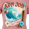 Pink t-shirt with a vintage Ron Jon Surf Shop graphic, featuring a wave, surfboard, and tropical flowers.