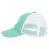 Side view of a green and white mesh baseball cap with a worn look on the brim.