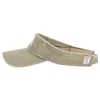 A khaki-colored visor hat with white stitching on the front and side, featuring an adjustable strap.