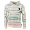Striped hoodie with a mix of pastel and neutral colors, featuring a small round black patch on the left chest and a front pocket.
