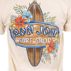 A t-shirt featuring a Ron Jon Surf Shop logo with a surfboard, tropical flowers, and text reading “Long Beach Island, NJ.”.