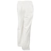 A pair of plain white fleece sweatpants with an elastic waistband and side pockets, shown from the back and slightly angled to the side.