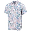 Short-sleeve shirt with a pastel floral pattern featuring pink, blue, and green hues on a white background.