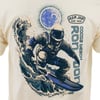 T-shirt design depicting an astronaut surfing a wave in space with a detailed moon above. Logos and text read Ron Jon Surf Shop and Cocoa Beach Ron Jon.