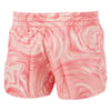 Coral and pink swirl-patterned board shorts with an elastic waistband, viewed from the back.