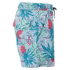 Side view of colorful board shorts with a tropical pattern featuring pineapples and leaves, equipped with an adjustable waistband and a side pocket.