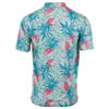 Back view of a short-sleeve, button-up shirt with a tropical print featuring red pineapples and pink flowers on a green background.