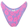 A pair of purple and pink knit bikini bottoms with a floral pattern.