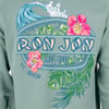 Green shirt with Ron Jon Surf Shop Ft. Myers printed on the back, featuring a wave, pink flowers, and green tropical leaves.