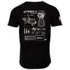 Black t-shirt with white technical drawings and text about NASAs Artemis II mission and the Space Launch System on the back.