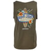 Olive green tank top featuring a surfboard graphic with flowers and the text Ron Jon Surf Shop Cocoa Beach on the back.