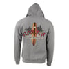 A gray gun metal hooded sweatshirt featuring a Ron Jon Custom Surfboards logo with a surfboard and palm trees printed on the back.