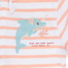 Embroidered blue dolphin with bubbles and coral on a white and peach striped fabric, text reads Ron Jon Surf Shop Cocoa Beach, FL.
