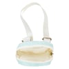 A small, light blue zippered pouch with white handles, shown open to reveal a mesh pocket inside.