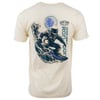 Beige T-shirt featuring an illustration of an astronaut surfing on a wave with a planet in the background, and Ron Jon Surf Shop text.