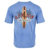 A blue T-shirt with a graphic of a surfboard, palm trees, and the text Ron Jon Custom Surfboards Est. 1959 Orlando on the back.