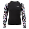 Long-sleeve black rash guard with floral-patterned sleeves and shoulders. Ron Jon logo on the chest.