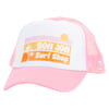 Pink and white trucker hat with Ron Jon Surf Shop logo, featuring palm trees and a sun.
