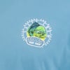 Blue T-shirt with a circular logo featuring a fish, text reads Salty Crew and Ron Jon Surf Shop, Thrill Seekers and Risk Takers.