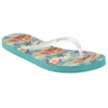 A flip-flop with a floral design on the footbed, featuring red and yellow flowers against a blue background. The strap is white, and the sole is turquoise.