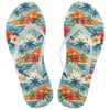 Colorful flip-flops featuring a tropical beach scene with palm trees, waves, and hibiscus flowers.