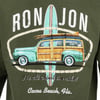 Green shirt with illustration of a vintage woodie car carrying a surfboard, with text RON JON, Its all about the ride! and Cocoa Beach, Fla.