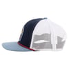 Side view of a navy and white mesh trucker cap with a light blue brim and decorative patch on the front.