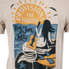 Illustrated t-shirt design featuring a person with a guitar by the sea, drink in hand, text reads Provisions for Paradise, Ron x Jon Jetty.