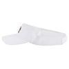 White sports visor with an embroidered logo on the front, featuring an adjustable strap at the back and a curved brim.