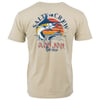 Beige T-shirt with Salty Crew and Ron Jon Surf Shop logo on the back, featuring a colorful marlin and sunset design.