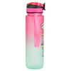 A gradient pink and mint green water bottle with a black lid and pink spout cover. It features a pink strap and colorful graphics on the side.