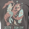 Mermaid riding a lobster holding a flag with Provisions for Paradise. Acoustic guitar, surfboard, and bottle in water. Text: Jetty x Ron Jon.