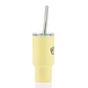 A yellow insulated tumbler with a metal straw and a logo on the side, displayed upright against a white background.
