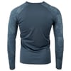 Back view of a dark gray long-sleeve rash guard with leaf patterns on the sleeves.