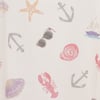 A patterned fabric featuring illustrations of a lobster, starfish, anchor, sailboat, seashells, sunglasses, and a pair of sandals on a light beige background.