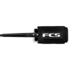 Black FCS bodyboard leash with a Velcro wrist strap and visible logo, attached to a black cord and swivel connector, shown against a white background.