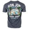 A navy t-shirt with a graphic of a vintage car, surfboard, and palm trees, reading Ron Jon Surf Shop, Cocoa Beach, Fla on the back.