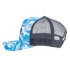 A blue and white trucker hat with a wave pattern on the front and grey mesh back panels, seen from the left side.