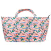 Large tote bag with short handles, featuring a colorful tropical sunset pattern with palm trees and birds on a pink background.