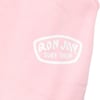 Close-up of a pink fabric featuring a white Ron Jon Surf Shop logo printed on it.