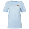 A plain blue short-sleeve t-shirt with a small, colorful Ron Jon Surf Shop logo on the left chest.