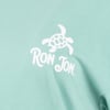 Close-up of a mint shirt featuring a white turtle graphic and the text RON JON printed on the chest.