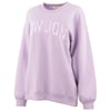 Lavender sweatshirt with RON JON written in white, embroidered lettering across the chest.