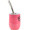 A pink insulated tumbler with a black logo and a metallic straw.