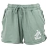 Green shorts with elastic waistband and drawstring, featuring a white turtle graphic and Ron Jon text on the right leg.