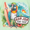 Illustration of a parrot wearing sunglasses and beachwear, holding a surfboard labeled Ron Jon Surf Shop, with a wave and sunset backdrop.