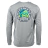 Gray long-sleeve shirt with a colorful fish graphic and text reading Ron Jon Surf Shop and Thrill Seekers and Risk Takers on the back.