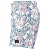 Colorful swim shorts with a floral and flamingo pattern, featuring leaves, flowers, and flamingos in shades of pink, blue, and green on a white background.
