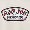Ron Jon Surfboards logo with stylized red and black text on a white background, outlined in black and red.