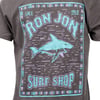 T-shirt featuring Ron Jon Surf Shop with a stylized shark design in purple and teal colors, and text Since 1959 at the top.